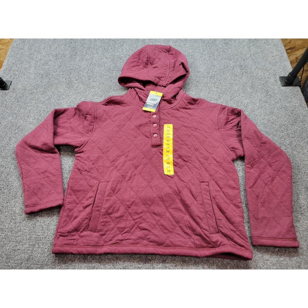 Lands End Womens Quilted Pullover Hoodie Burgundy Medium Snap Neck Pocket NWT
